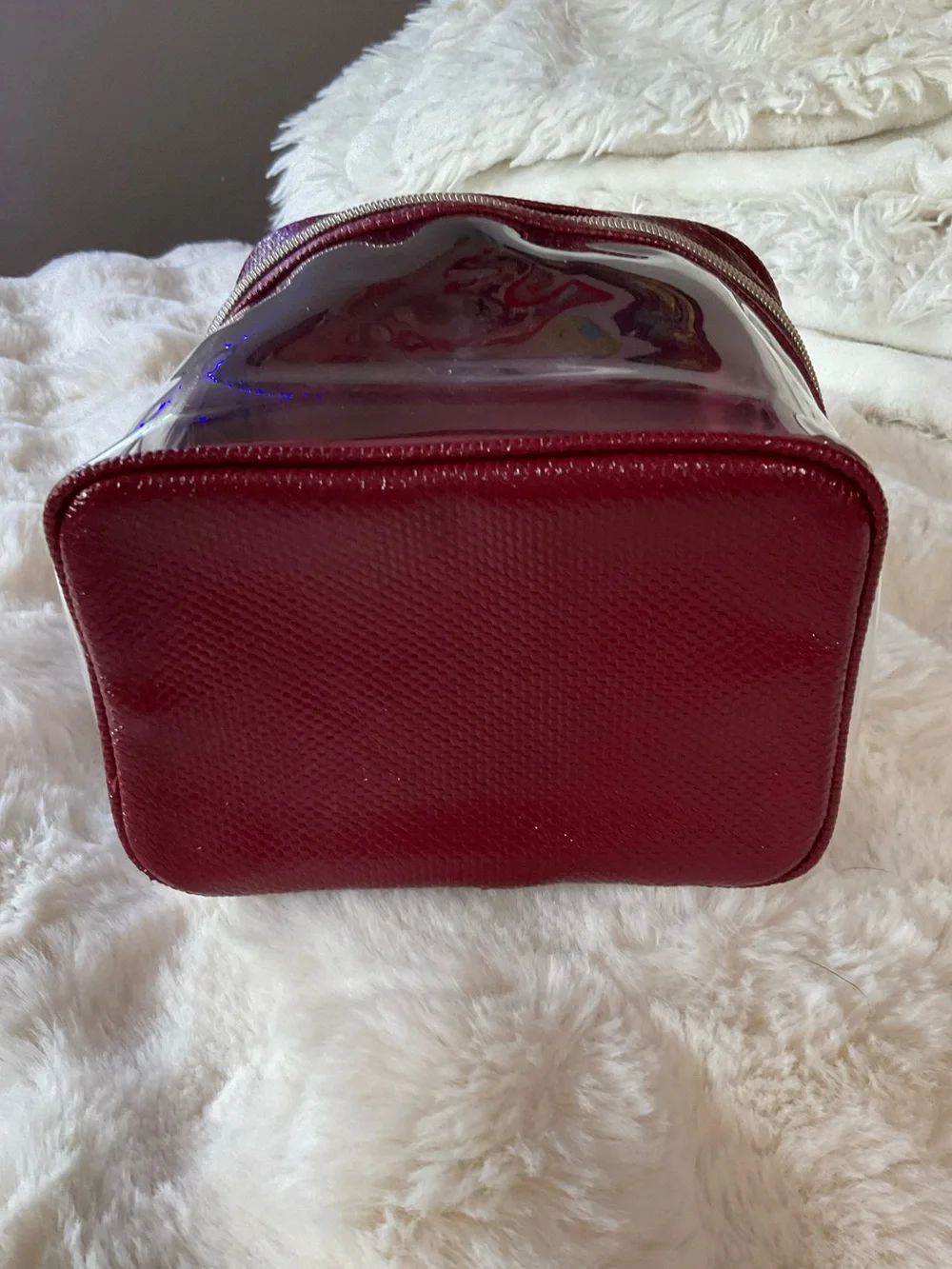 NWOT Lancôme Clear Train Case with Burgundy Trim & gold-tone hardware